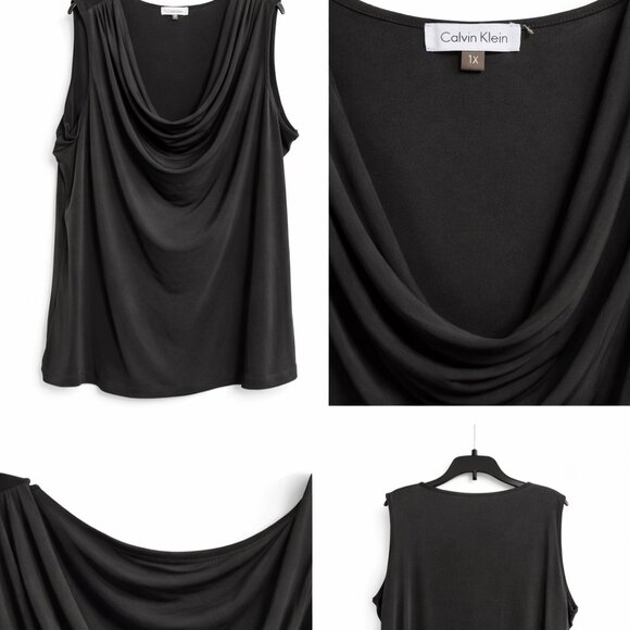 Calvin Klein 1X Black Draped Cowl Neck Blouse | Elegant Flowy Top Plus Size - Picture 2 of 5